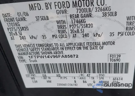 2006 Ford F-150 Fx4/Lariat/Xlt из США, поврежденный, VIN 1FTPW14V96FA85872